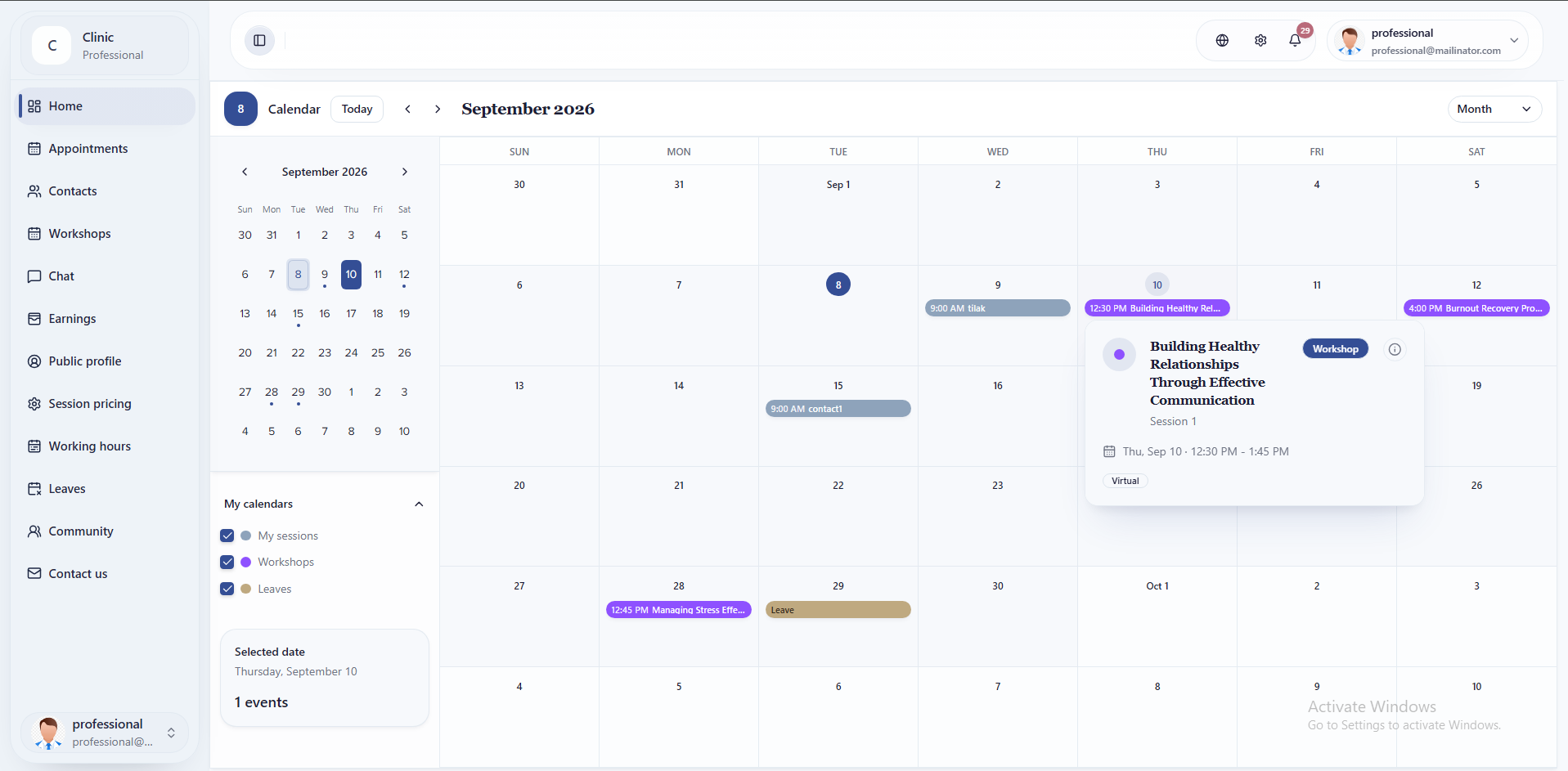 Hakini calendar showing monthly sessions and booking details