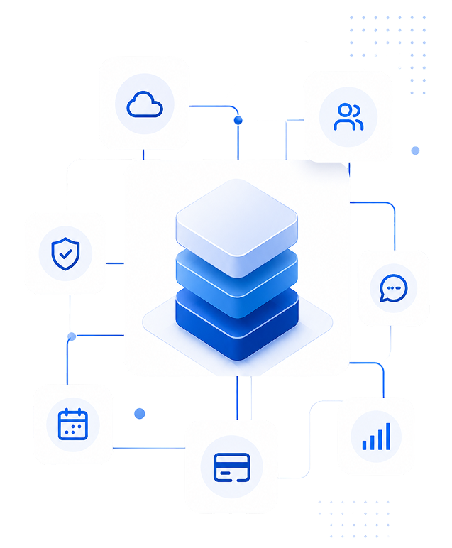 Connected care infrastructure linking cloud services, professionals, security, messaging, scheduling, payments, and analytics.