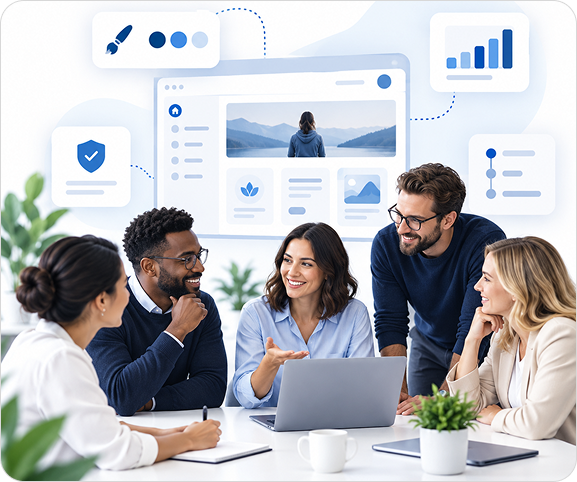 Team collaborating on a branded wellbeing platform with dashboard and security overlays
