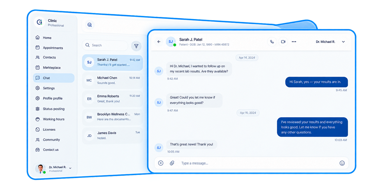 Hakini.io clinic workspace showing profile settings and data export
