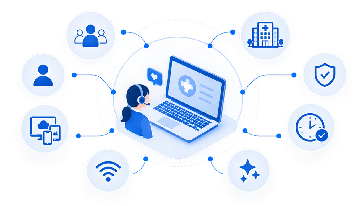 Connected healthcare network linking people, hospitals, digital devices, security, and timely care.